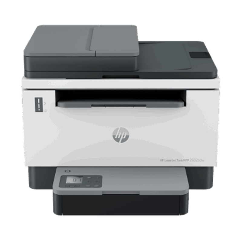 HP LaserJet Tank MFP 2602sdw Printer (2R7F5A) featuring print, copy, and scan functions, duplex printing, ADF, wireless connectivity, Ethernet, and USB support. Ideal for offices and home productivity with high-volume laser printing and low running costs.